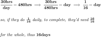\bf \cfrac{30hrs}{day}=480hrs\implies \cfrac{30hrs}{480hrs}=day\implies \cfrac{1}{16}=day&#10;\\\\\\&#10;\textit{so, if they do }\frac{1}{16}\textit{ daily, to complete, they'd need }\frac{16}{16}\\&#10;\\\\\&#10;\textit{for the whole, thus }16 days