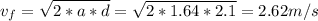 v_{f}  = \sqrt{2*a*d}  = \sqrt{2*1.64*2.1}  = 2.62 m/s