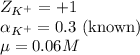 Z_{K^{+}}=+1\\\alpha_{K^{+}}=0.3\text{  (known)}\\\mu=0.06M