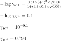 -\log\gamma_{K^{+}}=\frac{0.51\times (+1)^2\times \sqrt{0.06}}{1+(3.3\times 0.3\times \sqrt{0.06})}\\\\-\log\gamma_{K^{+}}=0.1\\\\\gamma_{K^{+}}=10^{-0.1}\\\\\gamma_{K^{+}}=0.794