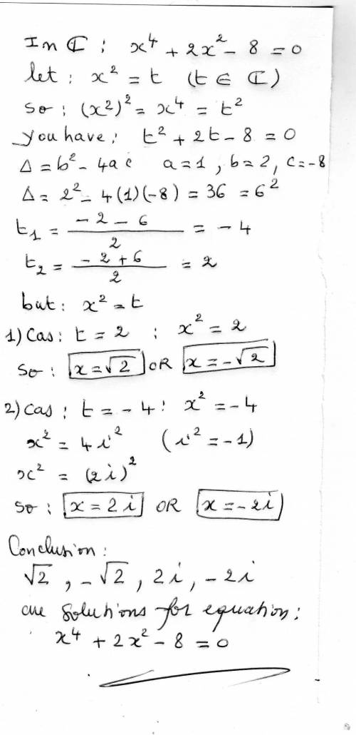 Solve equation in the complex number system x^4+2x^2-8=0