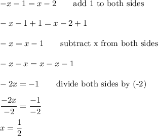 -x-1=x-2\qquad\text{add 1 to both sides}\\\\-x-1+1=x-2+1\\\\-x=x-1\qquad\text{subtract x from both sides}\\\\-x-x=x-x-1\\\\-2x=-1\qquad\text{divide both sides by (-2)}\\\\\dfrac{-2x}{-2}=\dfrac{-1}{-2}\\\\x=\dfrac{1}{2}