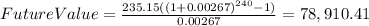 FutureValue=\frac{235.15((1+0.00267)^{240} -1)}{0.00267}=78,910.41