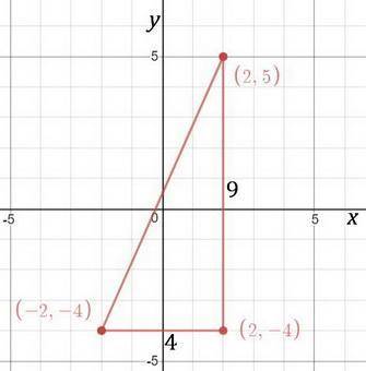 What is the area of a right triangle with vertices of (-2,-,-4), and (2,5)?
