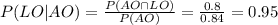 P(LO|AO)=\frac{P(AO\cap LO)}{P(AO)}=\frac{0.8}{0.84}=0.95
