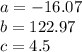 a=-16.07\\b=122.97\\c=4.5