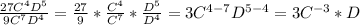 \frac{27C^4D^5}{9C^7D^4} = \frac{27}{9}*\frac{C^4}{C^7}*\frac{D^5}{D^4}   = 3C^{4-7} D^{5-4} = 3C^{-3}*D