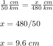 \frac{1}{50}\frac{cm}{km}=\frac{x}{480}\frac{cm}{km}\\ \\x=480/50\\ \\x=9.6\ cm