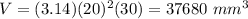 V=(3.14) (20)^2 (30)=37680\ mm^3