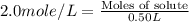 2.0mole/L=\frac{\text{Moles of solute}}{0.50L}