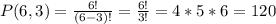 P(6,3)=\frac{6!}{(6-3)!} =\frac{6!}{3!} =4*5*6=120