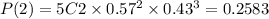 P(2)=5C2\times0.57^{2}\times0.43^{3}=0.2583