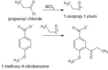 Draw the product of the following reaction between propanoyl chloride and p-methoxynitrobenzene. inc