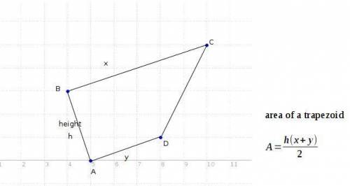 Atrapezoid has vertices at a(5, 0)a(5, 0) , b(4, 3)b(4, 3) , c(10, 5)c(10, 5) , and d(8, 1)d(8, 1) ,