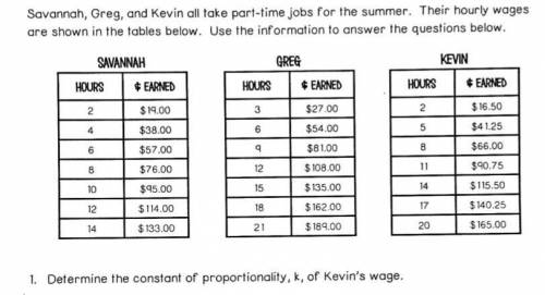 1. what is the constant of proportionality, k, of kevin's wage?  greg's?  savannah's?