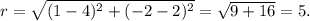 r=\sqrt{(1-4)^2+(-2-2)^2}=\sqrt{9+16}=5.