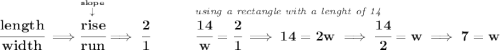 \bf \cfrac{length}{width}\implies \stackrel{\stackrel{slope}{\downarrow }}{\cfrac{rise}{run}}\implies \cfrac{2}{1}~\hspace{2.7em}\stackrel{\textit{using a rectangle with a lenght of 14~\hfill }}{\cfrac{14}{w}=\cfrac{2}{1}\implies 14=2w\implies \cfrac{14}{2}=w\implies 7=w}