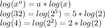 log (x^{a}) =a*log(x) \\ log(32)= log( 2^{5})=5*log(2) \\ &#10; log(4)= log( 2^{2})=2*log(2)