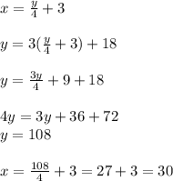 x=\frac{y}{4}+3&#10;\\&#10;\\y=3(\frac{y}{4}+3)+18&#10;\\&#10;\\y= \frac{3y}{4} +9+18&#10;\\&#10;\\4y=3y+36+72&#10;\\y=108&#10;\\&#10;\\x= \frac{108}{4} +3=27+3=30