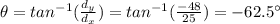 \theta=tan^{-1}(\frac{d_y}{d_x})=tan^{-1} (\frac{-48}{25})=-62.5^{\circ}