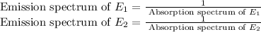\begin{array}{l}{\text { Emission spectrum of } E_{1}=\frac{1}{\text { Absorption spectrum of } E_{1}}} \\ {\text { Emission spectrum of } E_{2}=\frac{1}{\text { Absorption spectrum of } E_{2}}}\end{array}