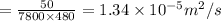 = \frac{50}{7800\times 480} = 1.34 \times 10^{-5} m^2/s