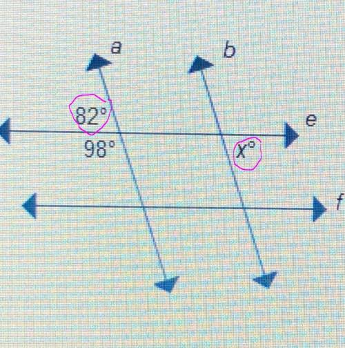 Lines a and b are parallel and lines e and f are parallel. what is the value of x?