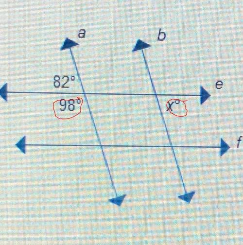 Lines a and b are parallel and lines e and f are parallel. what is the value of x?