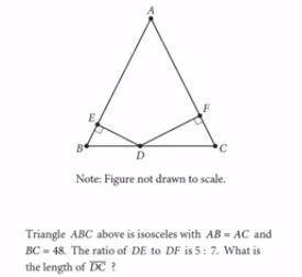 Triangle abc above is isosceles with ab=ac and bc =48. the ratio of de is 5: 7. what is the length o