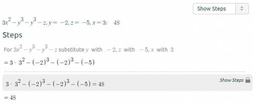 Evaluate the following expression using the values given:  find 3x2 − y3 − y3 − z if x = 3, y = −2,
