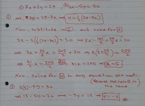 Solve the system of equations using the linear combination method. 7x+2y=29 3x−5y=30