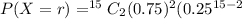 P(X=r) =^{15}C_2 (0.75)^2 (0.25^{15-2}