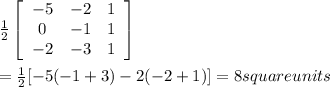 \frac{1}{2} \left[\begin{array}{ccc}-5&-2&1\\0&-1&1\\-2&-3&1\end{array}\right] \\\\=\frac{1}{2} [-5(-1+3)-2(-2+1)]=8 square units