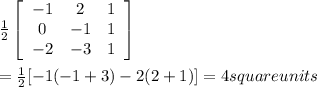 \frac{1}{2} \left[\begin{array}{ccc}-1&2&1\\0&-1&1\\-2&-3&1\end{array}\right] \\\\=\frac{1}{2} [-1(-1+3)-2(2+1)]=4 square units\\