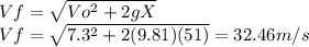 Vf=\sqrt{Vo^2+2gX}\\Vf=\sqrt{7.3^2+2(9.81)(51)}=32.46m/s