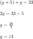 (g+5)+g=33\\\\2g=33-5\\\\g=\frac{28}{2}\\\\g=14