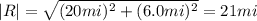 |R| = \sqrt{(20 mi)^{2} + (6.0 mi)^{2}} = 21 mi