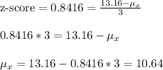 \mbox{z-score}=0.8416=\frac{13.16-\mu_{x} }{ 3 }\\\\0.8416*3=13.16-\mu_{x}\\\\\mu_{x}=13.16-0.8416*3=10.64