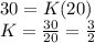 30=K(20)\\K=\frac{30}{20}= \frac{3}{2}