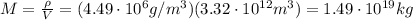 M=\frac{\rho}{V}=(4.49\cdot 10^6 g/m^3)(3.32\cdot 10^{12}m^3)=1.49\cdot 10^{19} kg