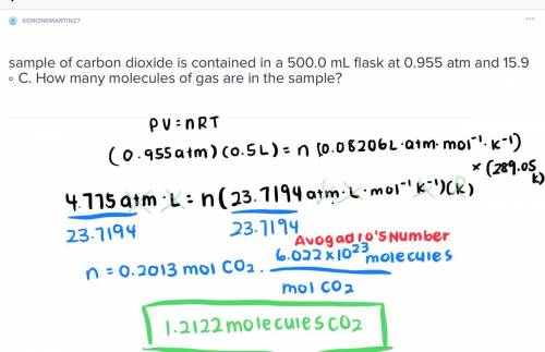 Sample of carbon dioxide is contained in a 500.0 ml flask at 0.955 atm and 15.9 ∘ c. how many molecu