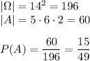 |\Omega|=14^2=196\\&#10;|A|=5\cdot6\cdot2=60\\\\&#10;P(A)=\dfrac{60}{196}=\dfrac{15}{49}