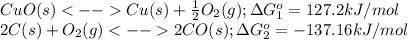 CuO(s)Cu(s)+\frac{1}{2}O_2(g);\Delta G^o_1=127.2kJ/mol \\2C(s)+O_2(g)2CO(s);\Delta G^o_2=-137.16kJ/mol
