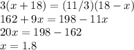 3(x+18)=(11/3)(18-x)\\162+9x=198-11x\\20x=198-162\\x=1.8