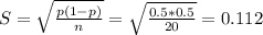 S = \sqrt{\frac{p(1-p)}{n}} = \sqrt{\frac{0.5*0.5}{20}} = 0.112