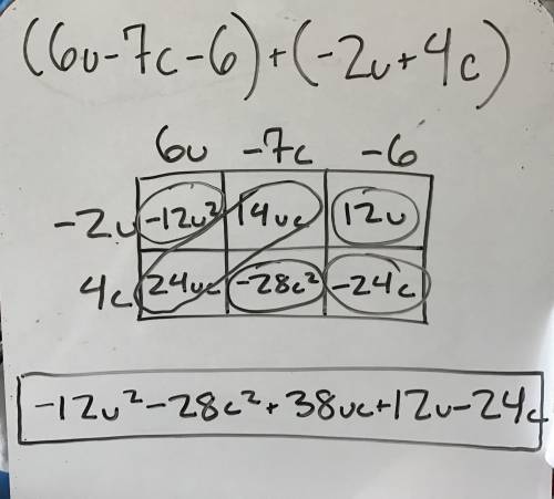 Find the sum and express it in its simplest form. (6u-7c-6) + (-2u+4c)