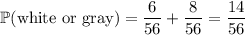 \mathbb P(\text{white or gray})=\dfrac6{56}+\dfrac8{56}=\dfrac{14}{56}