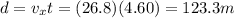 d=v_x t = (26.8)(4.60)=123.3 m