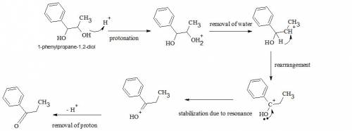 When warmed in dilute sulfuric acid, 1-phenyl-1,2-propanediol undergoes dehydration and rearrangemen