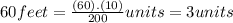 60feet=\frac{(60).(10)}{200}units=3units